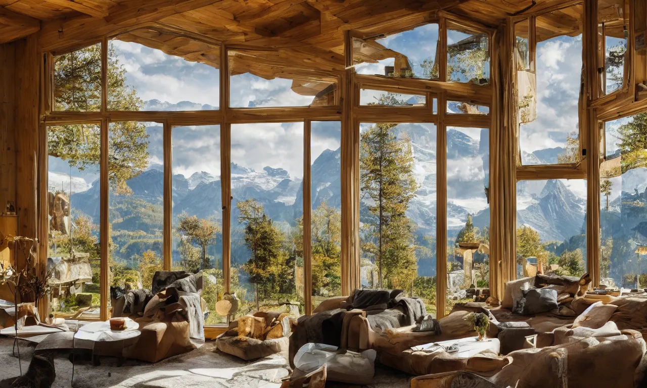 Image similar to fantastical living room with switzerland landscape in the window