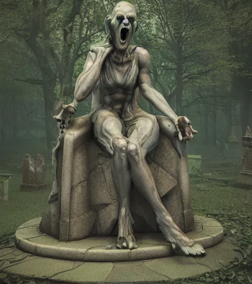 Image similar to weeping demon statue in graveyard surrounded by beautiful forest, vintage film photo, cgsociety, octane render, trending on artstation, artstationHD, artstationHQ, unreal engin