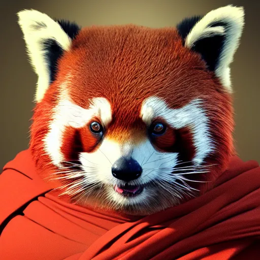 Image similar to highly detailed full body picture of a red panda in buddhist monk’s robes, concept art, digital art, studio lightning, bright colors, intricate, masterpiece, photorealistic, hiperrealistic, sharp focus, high contrast, intricate, Artstation HQ, DeviantArt trending, 4k UHD, Unreal Engine 5