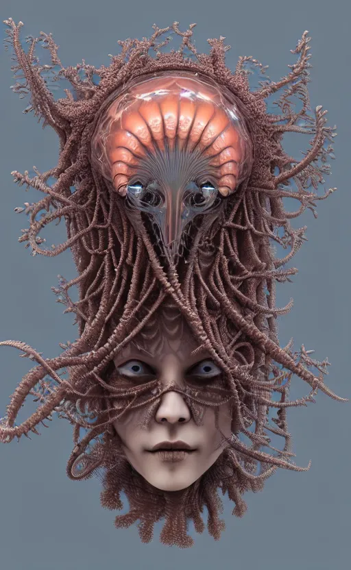 Prompt: intricate gothic girl mask, eagle coral, jelly fish, mandelbulb 3 d, fractal flame, octane render, cyborg, biomechanical, futuristic, by ernst haeckel