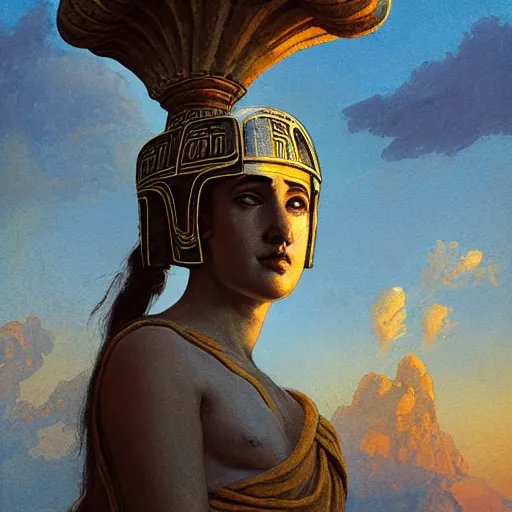 Prompt: greek ancient woman in Athena's helmet standing on a giant greek ancient bearded man head, late afternoon light, greek temple of olympus glory island, wispy clouds in a blue sky, by frank lloyd wright and greg rutkowski and ruan jia