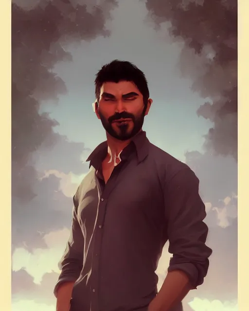 Prompt: 3 / 4 portrait, male vampire, brown skin, night, long dark red hair, dark blue shirt, beautiful, modern, bloodied mouth, jewelry, william bouguereau, rossdraws, greg rutkowski, super detailed, realistic, octane render, volumetric, cinematic, 8 k