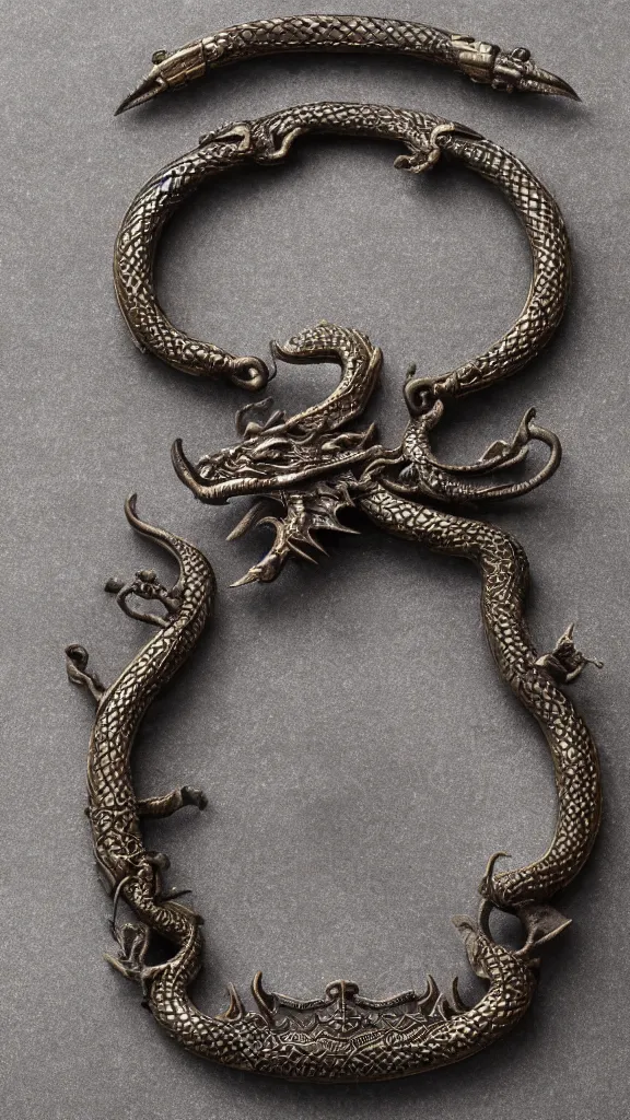 Prompt: a bronze bracelet carved into the shape of dragon, hang on a sharp edge of a silver sword, held by a soldier in Dark steel armour from Ming dynasty on a high platform, China, smokey, rainy atmosphere with great dignity, foggy atmosphere , Bottom view