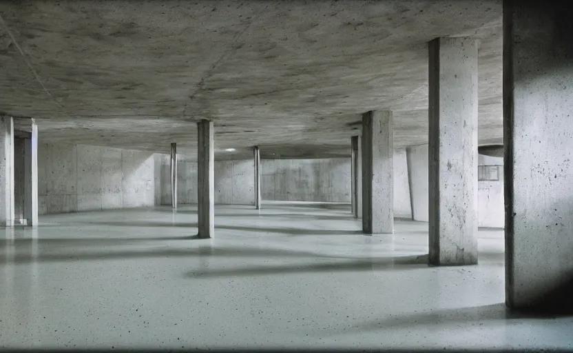 Image similar to Interior shot of a secret brutalist concrete bunker with glossy concrete floor by stanley kubrick, shot by 35mm film color photography