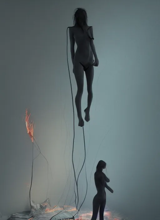 Image similar to rgb, woman, bedroom full of fire, sadness, cinematic, movie scene, inspired by zdzislaw beksinski, clothes made out of veins,, cables everywhere, bedroom, ultra realistic, concept art, intricate details, highly detailed, photorealistic, octane render, 8 k