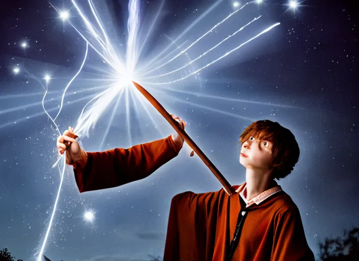 Image similar to a young adult wizard with very detailed face, hair clothes and shoes holds their wand fiercely in their hand from which a blast of bright magic flies from the end of the wand, on an empty moonlit hill, dramatic lighting, lens flare, 3 5 mm full frame professional photography, kodachrome