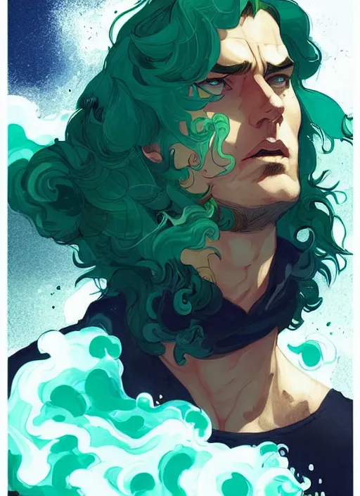 Image similar to style artgerm, joshua middleton, illustration, henry cavill as a homeless street urchin wearing green pelt clothing, blue hair, swirling water cosmos, fantasy, dnd, cinematic lighting