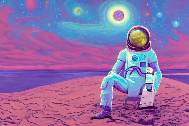 Image similar to surreal painting by chesley bonestelll!!, an astronaut sitting in the sand + a river + psychedelic vegetation + purple, pink, blue + planets and stars + mystic fog, 5 0's vintage sci - fi style, rule of third!!!!, line art, 8 k, super detailed, high quality