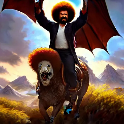 Prompt: bob ross!!! riding!!! a dragon!!, giant afro!, model pose, ultra realistic, concept art, intricate details, highly detailed, photorealistic, octane render, 8 k, unreal engine. art by artgerm and greg rutkowski and alphonse mucha