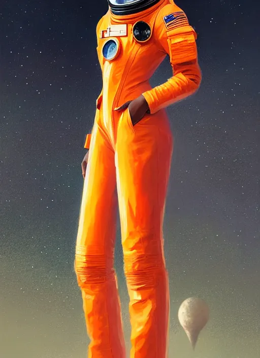 Image similar to full body portrait of young black woman as an astronaut, orange flight jumpsuit, intricate, beautiful and elegant, highly detailed, digital painting, artstation, concept art, smooth, sharp focus, illustration, art by wlop, mars ravelo and greg rutkowski