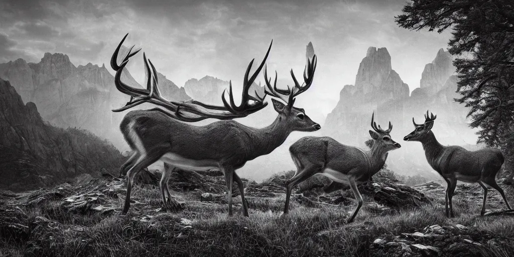 Prompt: rotting deer, dolomites, alpine, detailed intricate insanely detailed octane render, 8k artistic 1920s photography, photorealistic, black and white, chiaroscuro, hd, by David Cronenberg, Raphael, Caravaggio