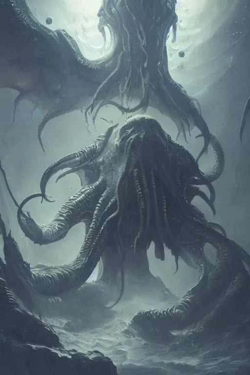 Prompt: cthulhu, eldritch god, cosmic, nightmare, outer space, aliens, digital art, magic the gathering, mtg, by greg rutkowski, trending on artstation