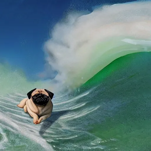 Prompt: pug riding a huge wave on a surf board, mid - summer