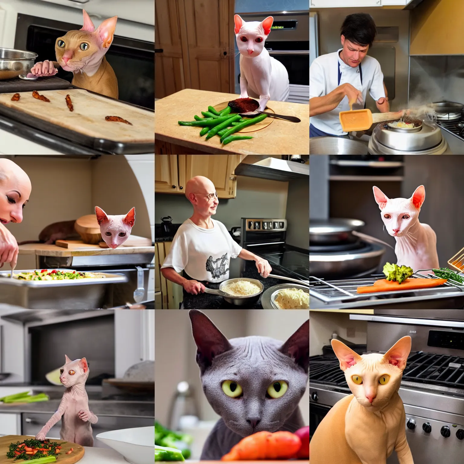 Prompt: hairless cat cooking in the kitchen