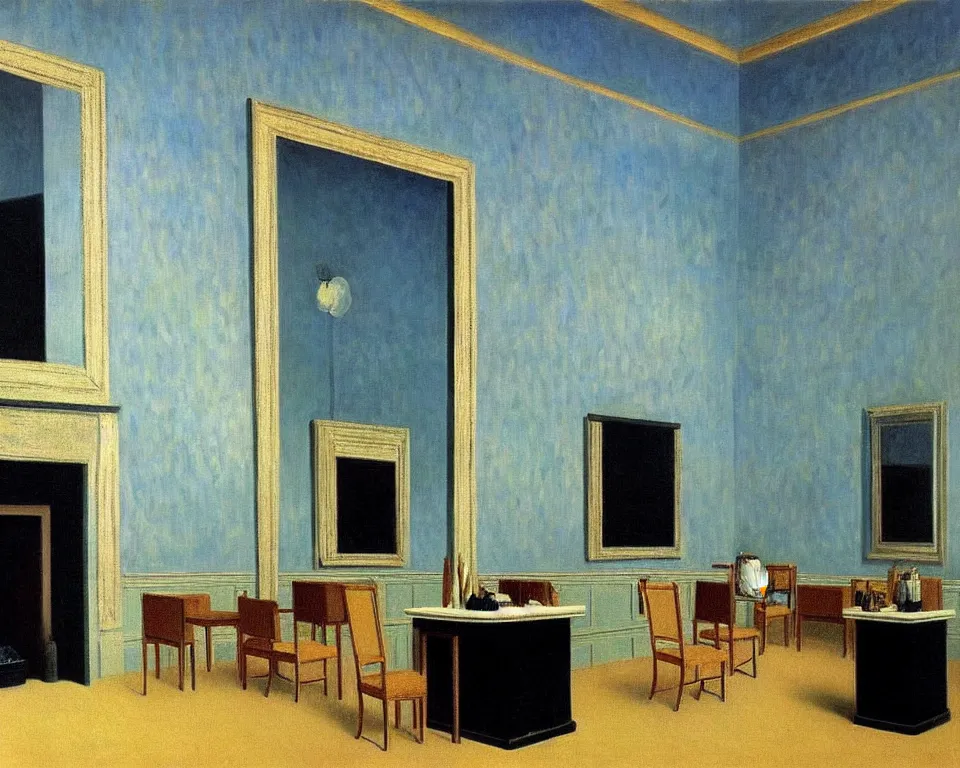 Prompt: achingly beautiful painting of a sophisticated, well - decorated, modern salon by rene magritte, monet, and turner.