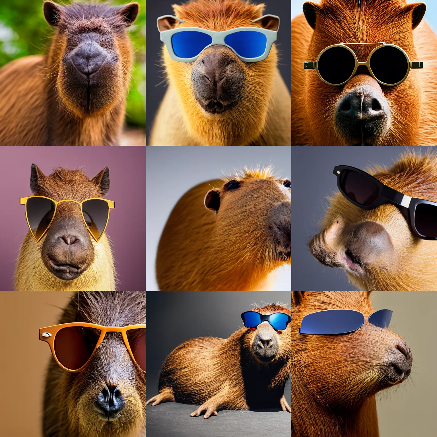 Prompt: studio portrait photo of a capybara wearing sunglasses, real photo, photography, award winning