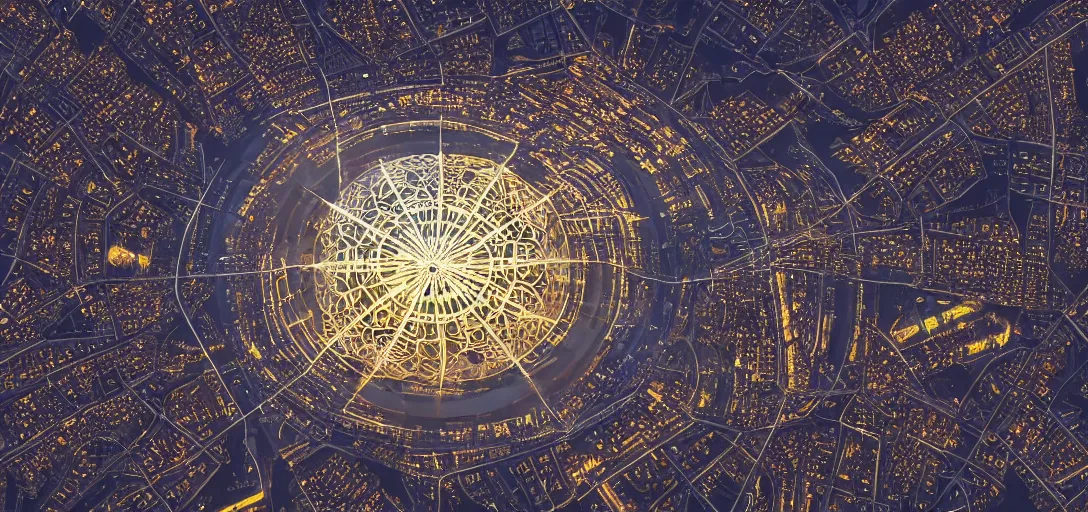 Prompt: isometric view of giant steel mandala disk city floating above a hard-lit moonscape, mix of skyscapers and quaint streets, nightime with lit windows, 3d rendering, f8 aperture