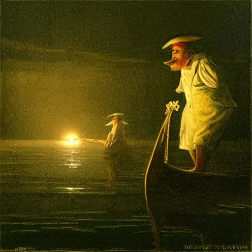 Prompt: night piracy, extremely detailed masterpiece, Roger Deakin’s cinematography, illustration, by Michael Sowa,