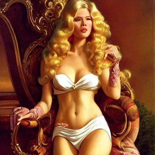 Prompt: woman, claudia schiffer, long hair, ultra detailed, beautiful, proportional, by greg hildebrandt fancy rococo baroque oil painting high quality clothed in fancy garb in pin up style