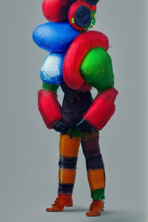 Prompt: a character wearing a voluminous inflatable suit made from tartan mix and metal and plastic, blurred, muted colors, oil painting hyper real, super detailed, soft light