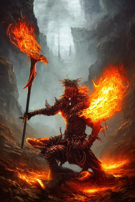 Prompt: highly detailed elden ring portrait photo of a flamewalker wielding a hammer in a scenic dystopian environment, hyperrealistic illustration by william didier - pouget