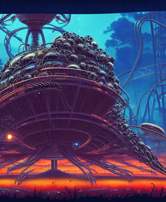 Prompt: a roller coaster made out of alien creatures, biological forms, internal organs, in the style of an asymmetrical spaceship, surrounded by fireflies, apocalyptic environment, by dan mumford, yusuke murata, makoto shinkai, ross tran, cinematic, unreal engine, cel shaded, featured on artstation, pixiv