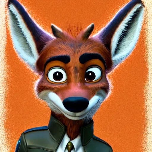 Image similar to portrait, 3 d render, anthropomorphic coyote male, wearing along brown leather jacket, in the style of zootopia, centered on face