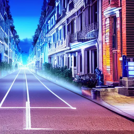 Prompt: a volumetric city of pure blue light, beautiful street with city structures of blue light emission, perspective looking through augmented reality, this town is rendered but the street is real life, photo