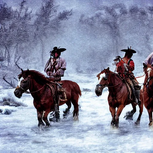 Prompt: digital art photograph savage plains indians on the warpath riding horses through a creek in a snow storm