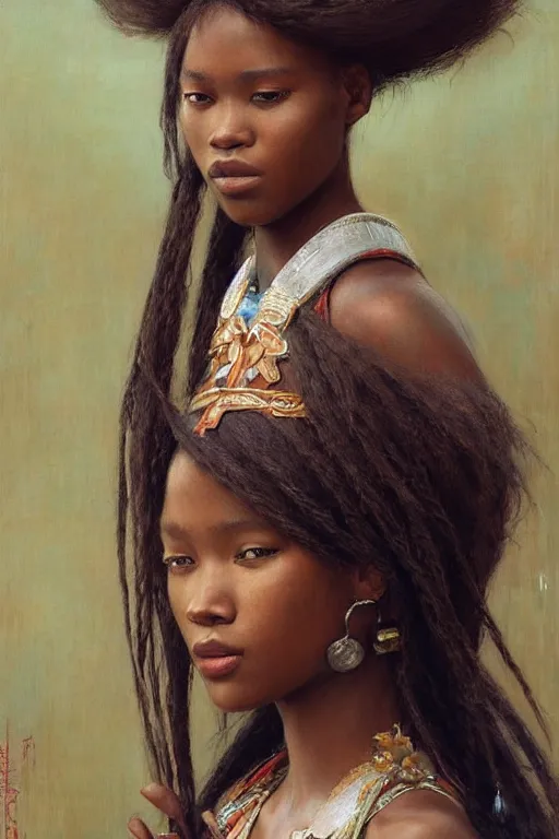 Image similar to a beautiful Zulu princess, hair flowing down, by Edgar Maxence and Ross Tran