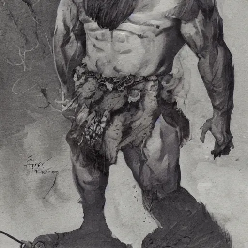 Image similar to by Frank Frazetta style, barbarian with extraordinary muscle structure with long sword, wide view, deep depth of field, denoise