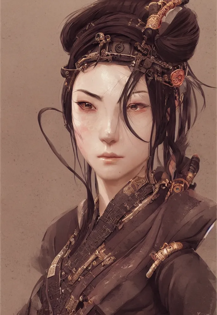 Image similar to detailed portrait of steampunk girl samurai in hakama trending on artstation elite, elegant, luxury, by krenz cushart greg rutkowski alexandros, perfect face, fine details, realistic shaded, fine - face, pretty face