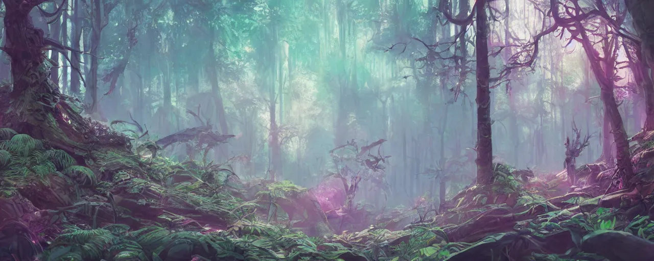 Prompt: detailed concept art illustration colorful pastel painting of a lowpoly sci-fi fantasy forest in full intricate detail, ultra detailed, digital art, octane render, 4K, dystopian, micro details