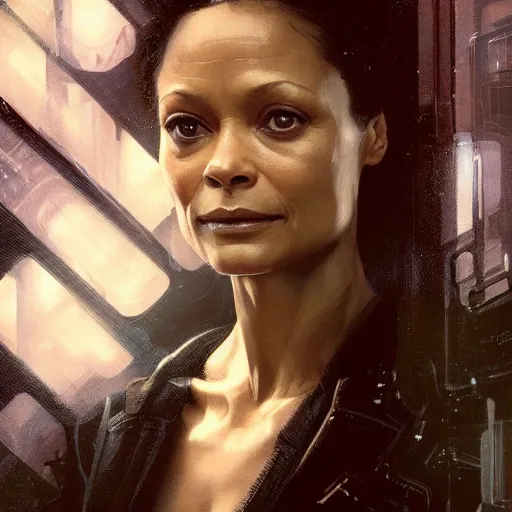 Image similar to thandie newton, hyperrealistic portrait, bladerunner street, art of elysium by jeremy mann and alphonse mucha, fantasy art, photo realistic, dynamic lighting, artstation, poster, volumetric lighting, very detailed face, 4 k, award winning