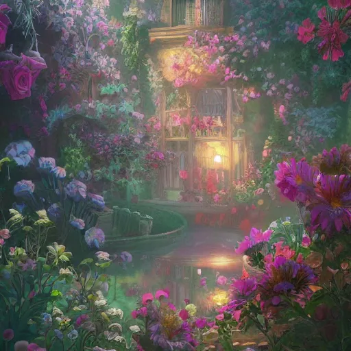 Prompt: beautiful fantasy english mansion flower garden, saturated, detailed lighting, high quality, sharp focus, intricate, digital painting, artstation, 4k by James Jean and Ross Tran