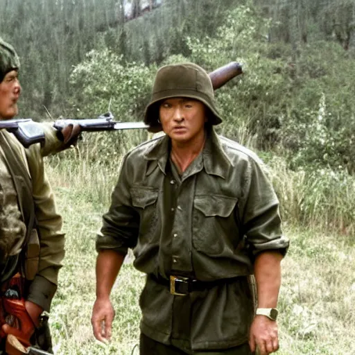 Image similar to a still of Rambo First blood with Kim Jong-il on the role of John Rambo