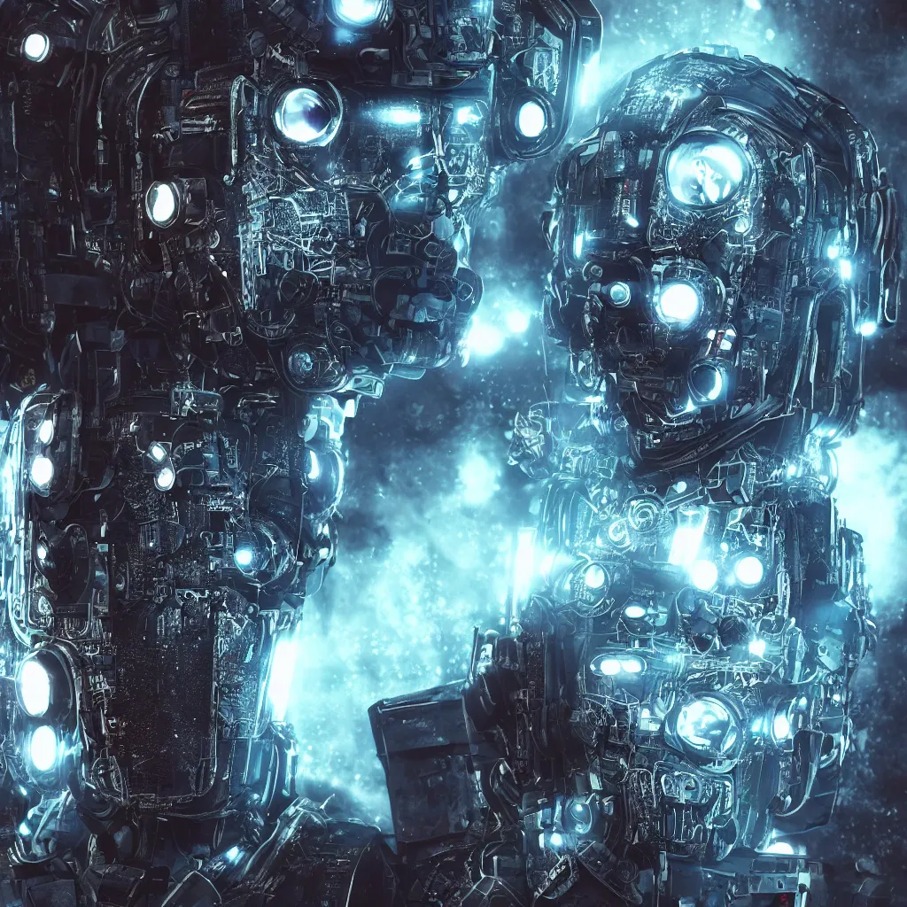 Image similar to photoreal portrait of a futuristic intricate angry robot in a post apocalyptic server bunker of singularity, intricate malfunctioning circuits, glittering light leaks, electromagnetic waves, blue glowing agressive led eyes, wearing a very intricate wwii combat flight mask and goggles, octane render, trending on artstation, cyberpunk, dystopia tokyo