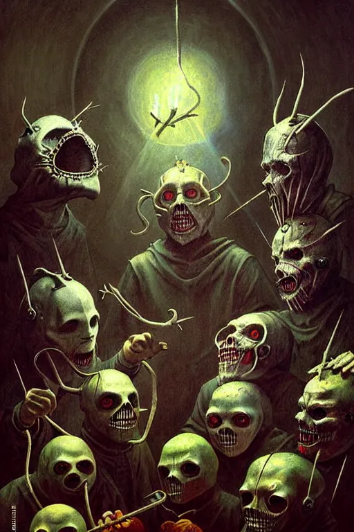 Image similar to hieronymus bosch, greg rutkowski, anna podedworna, painting of slipknot the band