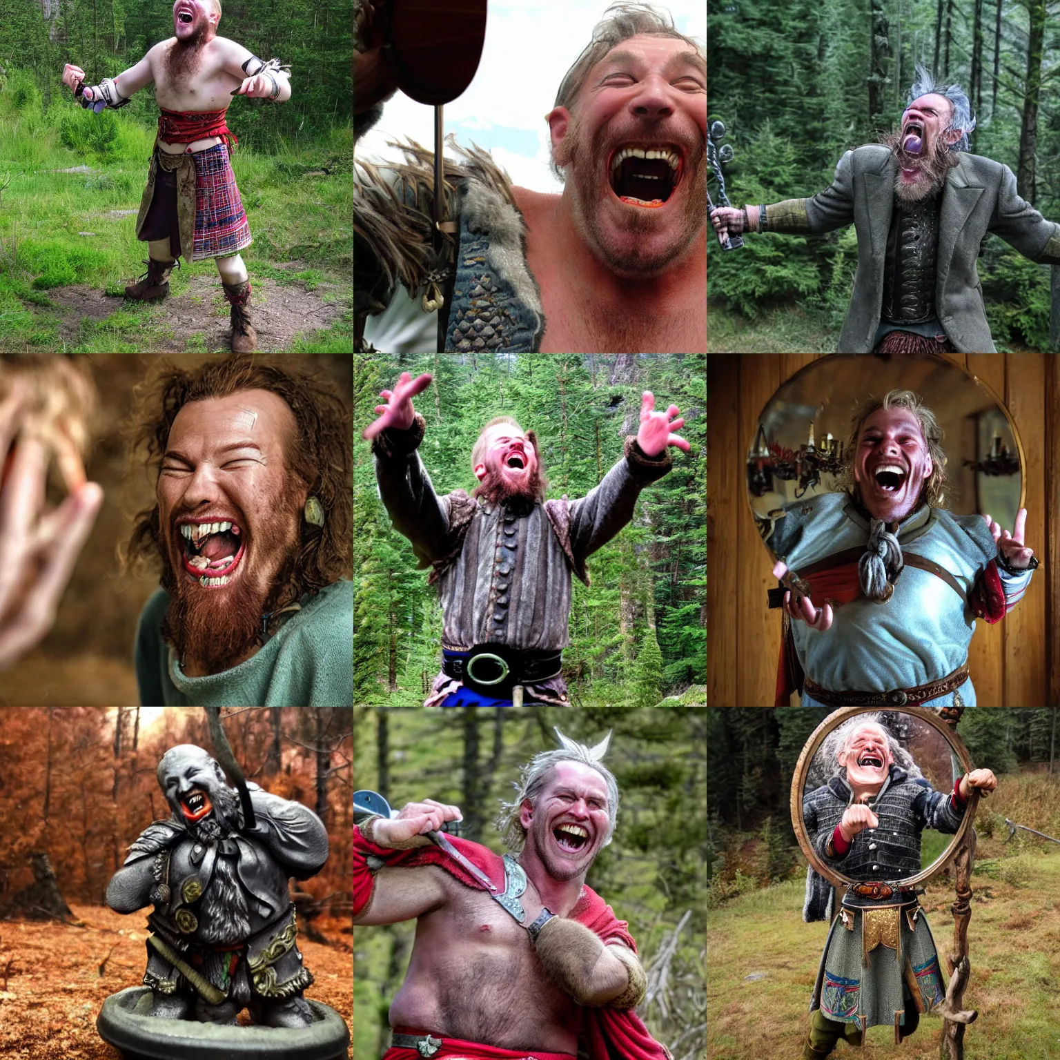 Prompt: Podhale highlander laughing maniacally at the sight of a mirror