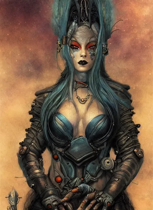 Image similar to portrait of female space pirate, night sky background, beautiful! coherent! by brom, by brian froud, deep color, strong line, high contrast