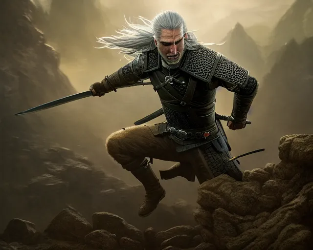 Image similar to 5 5 mm portrait photo of geralt fighting off a hydra. magical atmosphere. art by greg rutkowski. highly detailed 8 k. intricate. lifelike. soft light. nikon d 8 5 0.