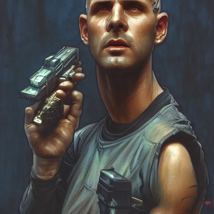 Image similar to excellent painted portrait of a replicant construction worker from blade runner (1982), cyberpunk blade runner art, character artwork, 8k resolution artwork, trending on artstation, detailed oil painting portrait, art by artgerm and greg rutkowski and alphonse mucha and craig mullins and James Jean and Andrei Riabovitchev and Marc Simonetti and peter mohrbacher, matte painting