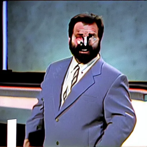 Prompt: Billy Mays hosting Jeopardy, VHS tape footage, 1991, the set of Jeopardy, The game shoe Jeopardy!!