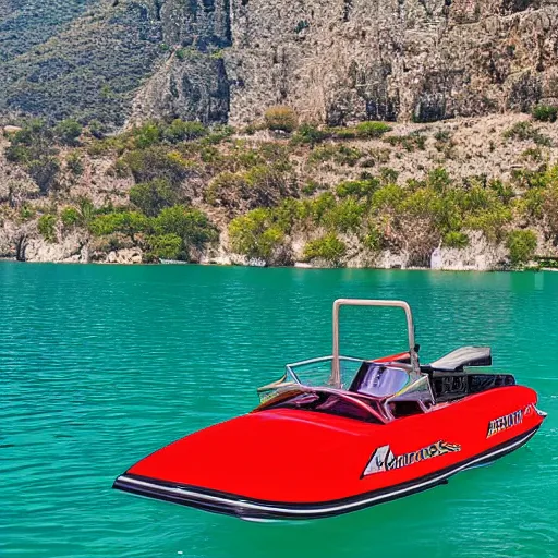 Image similar to a beautiful jet boat on the lake, Greece, in the style of Miami vice, reflective, clear water, cliffs, beach, sunset