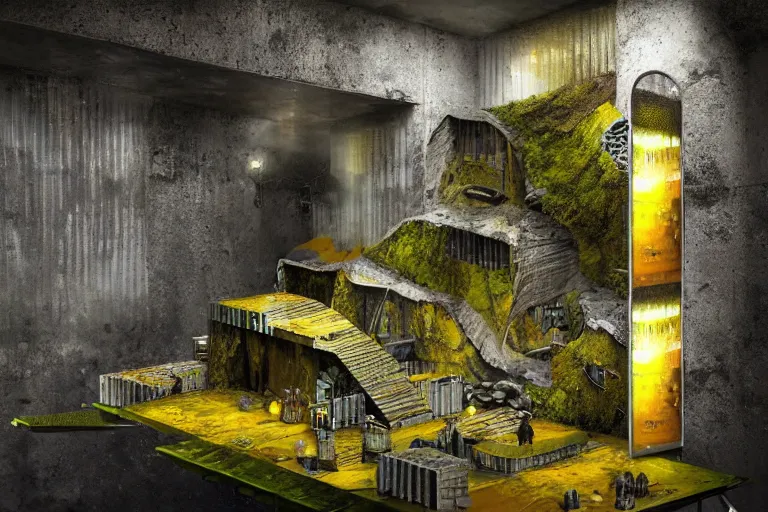 Image similar to favela bunker spaceship beeswax hive, brutalist waterfall environment, industrial factory, whimsical, award winning art, epic dreamlike fantasy landscape, ultra realistic,