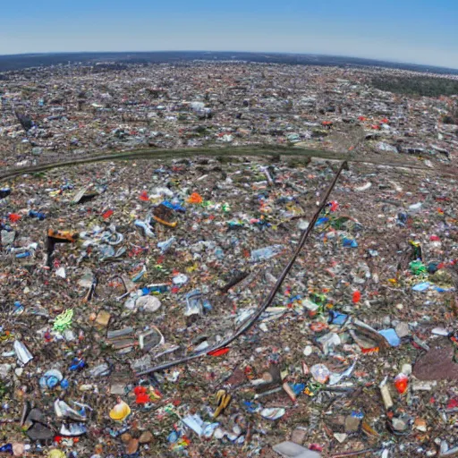 Prompt: vast panoramic view from building height of a landscape full of junkyards, garbage heaps and recycled electronic gear all covered in a thin layer of transparent strawberry jelly