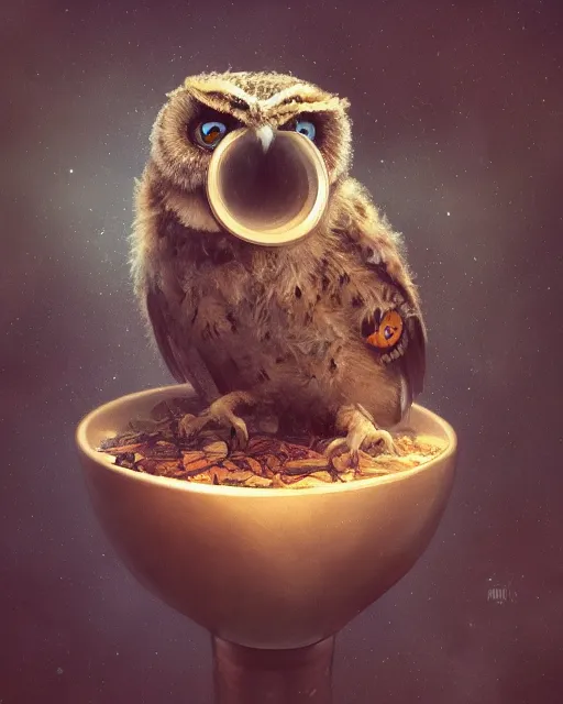 Image similar to long shot of a very cute owl chick nesting in a very futuristic cup, esao andrews, humorous illustration, hyperrealistic, big depth of field, warm colors, night scenery, low light, 3 d octane render, 4 k, conceptart, hyperdetailed, hyperrealistic, trending on artstation