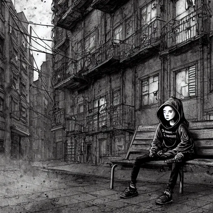 Prompt: sadie sink in hoodie sits on bench in ruined square, pedestrians walk by, steampunk tenement windows in background. storyboard, scifi cyberpunk. by gabriel hardman. cinematic atmosphere, detailed and intricate, perfect anatomy