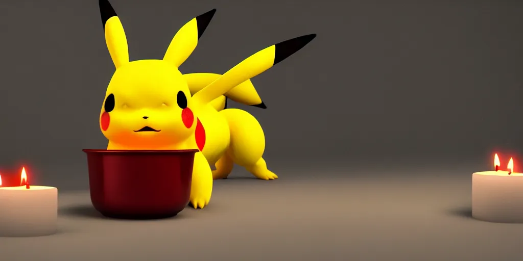 Image similar to pikachu devouring a dog sharp teeth burtal eyes scary mouth dark room red candles trash bin octane unreal engine render 8k photorealistic extreme detail textured