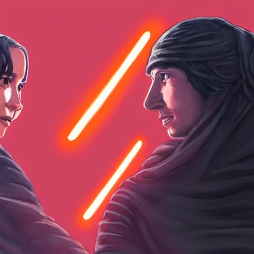 Image similar to rey and kylo ren holding hands, pixiv illustration, digital art